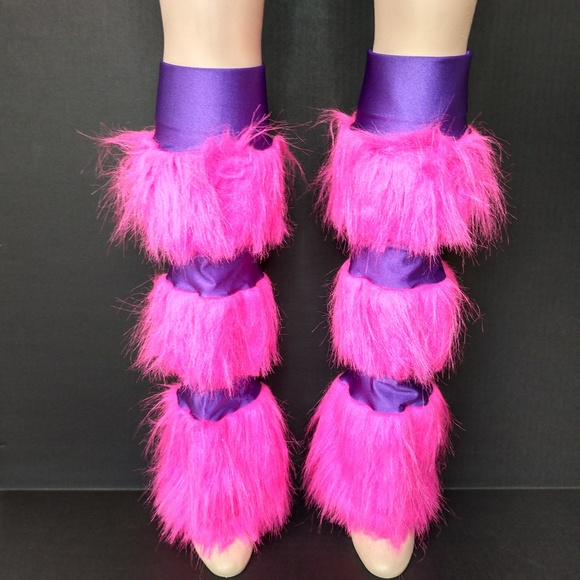 Pink Fur Leg Warmers Purple Striped Pants Fuzzy Fluffies Socks Cosplay Costume - Picture 6 of 7